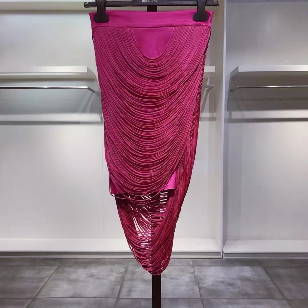 Asymmetrical Draped Fringe Skirt in Hot Pink